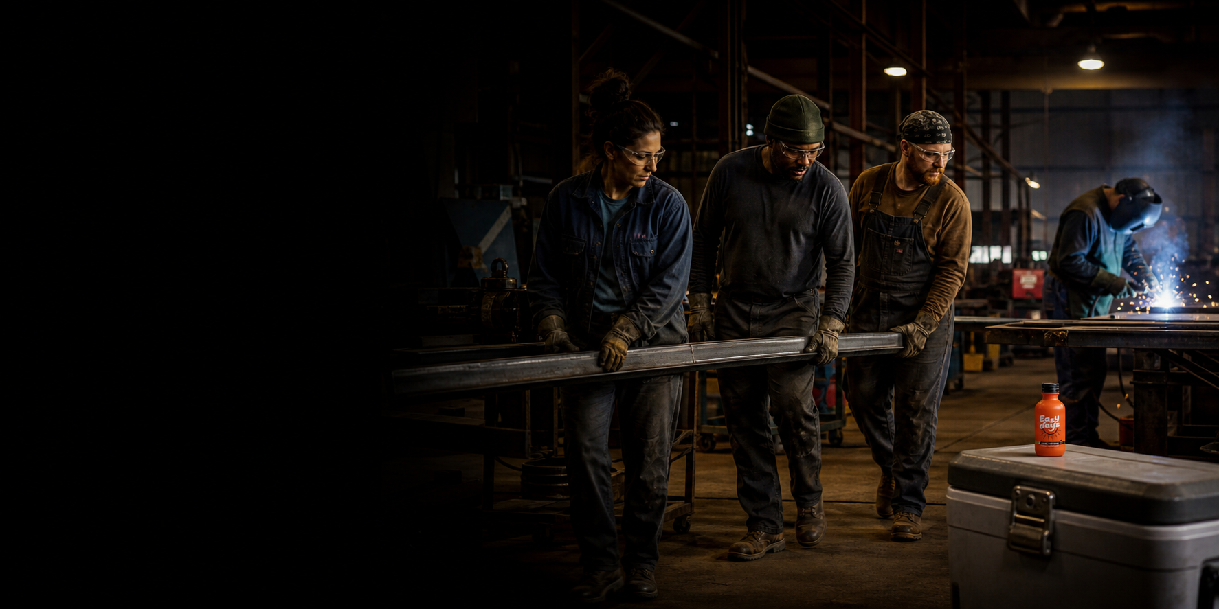 Fabrication crew carrying steel with an Easy Days bottle nearby