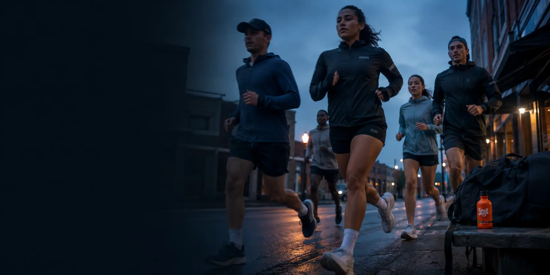Runners training at dawn with an Easy Days bottle on a bench