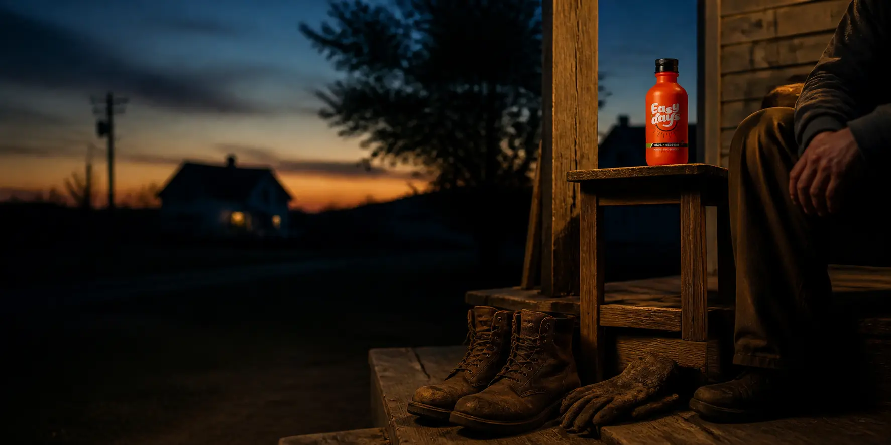 Work boots and an Easy Days bottle on a porch at dusk